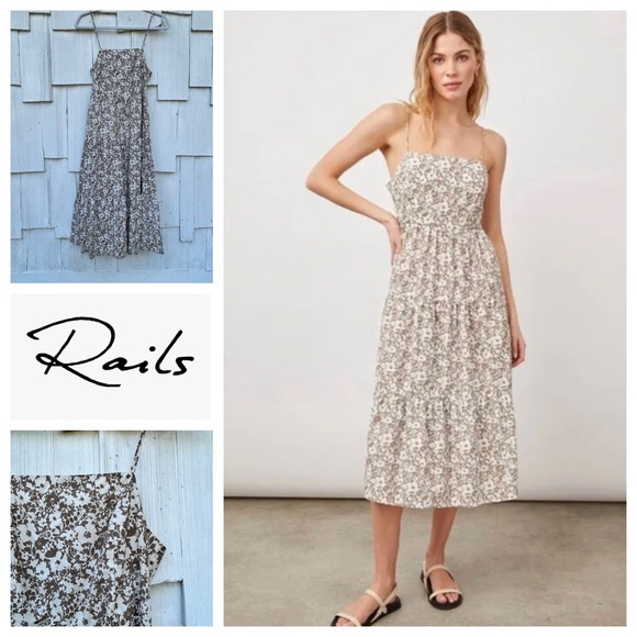 Rails Dresses & Skirts - Rails Leni Floral Tiered Midi Dress Square Neck Spaghetti Straps Tie Back‎ S